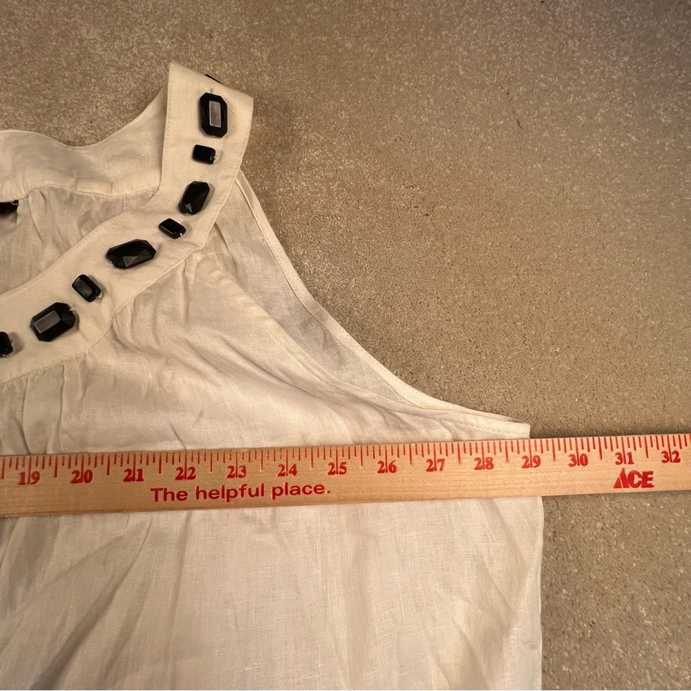 Avenue 100% Linen White Sleeveless Top Black Beaded Neck Women's 30/32